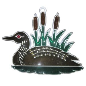 Vintage Handmade Stained Glass Loon Scene With Cattails Suncatcher Ornament